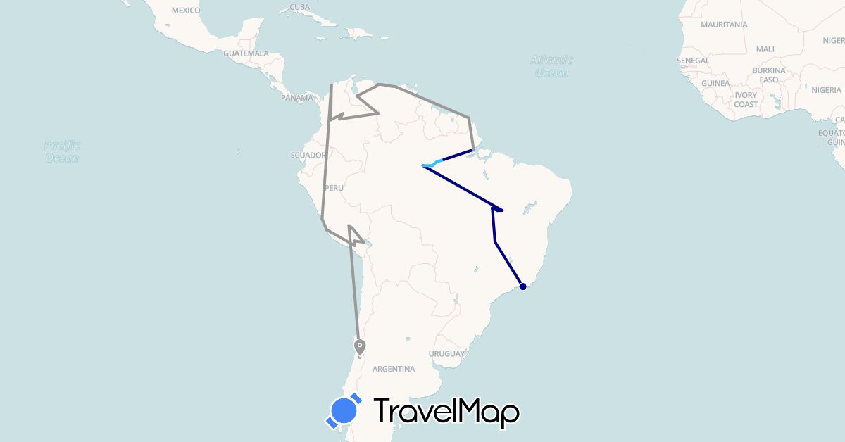 TravelMap itinerary: driving, plane, boat in Brazil, Chile, Colombia, French Guiana, Peru, Venezuela (South America)